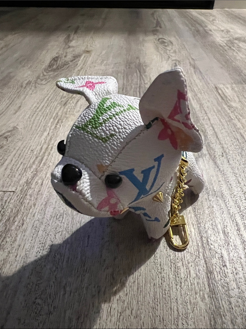 White Multicolor Monogram Dog Charm with Gold Clasp